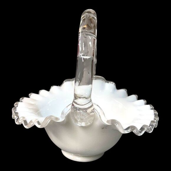 Fenton Silver Crest Reed White Milk Glass Ruffled Basket With Clear Handle Vtg - Picture 2 of 8